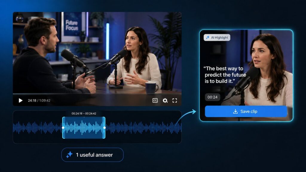 Podcast interview with an AI-highlighted answer saved as a short video clip