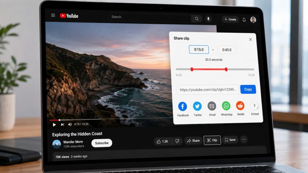 YouTube built-in Clip feature selecting and sharing a short video segment