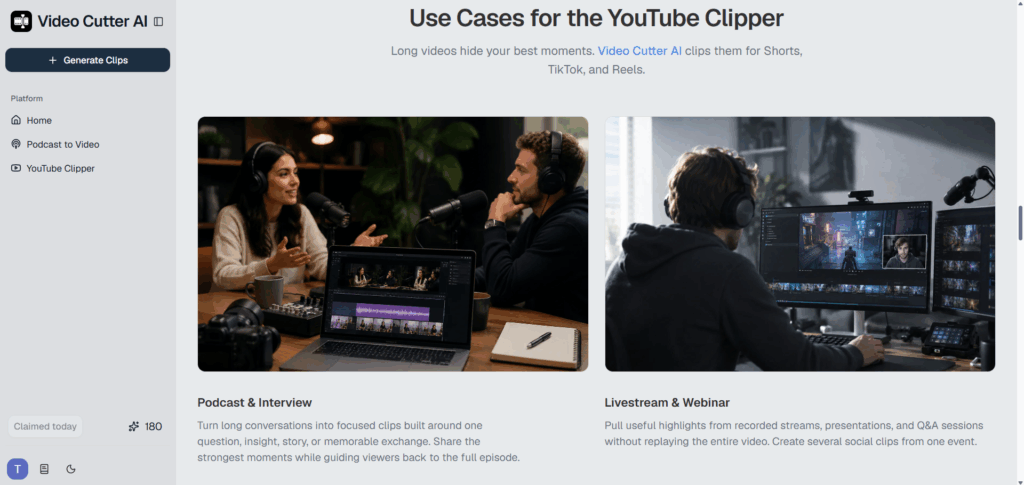 AI video cutter finding highlights and short clips from a long podcast video