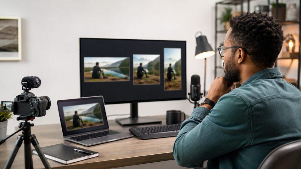 Creator preparing landscape, square, and vertical podcast video exports