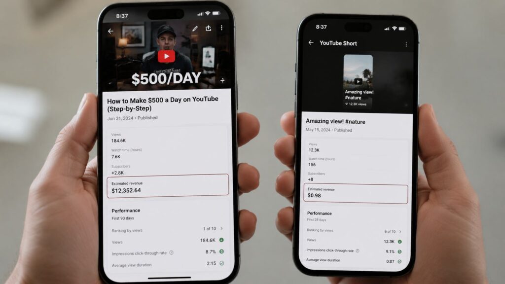 YouTube Shorts earnings vs long-form videos showing lower RPM