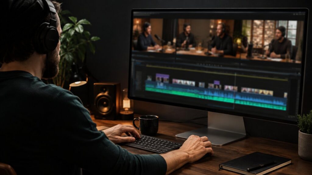 Editor cutting a podcast video timeline on a desktop computer
