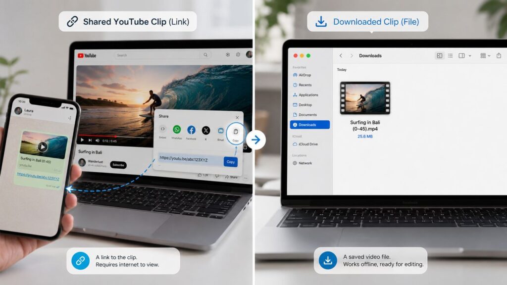 Comparison between a shared YouTube clip link and a downloaded video clip file