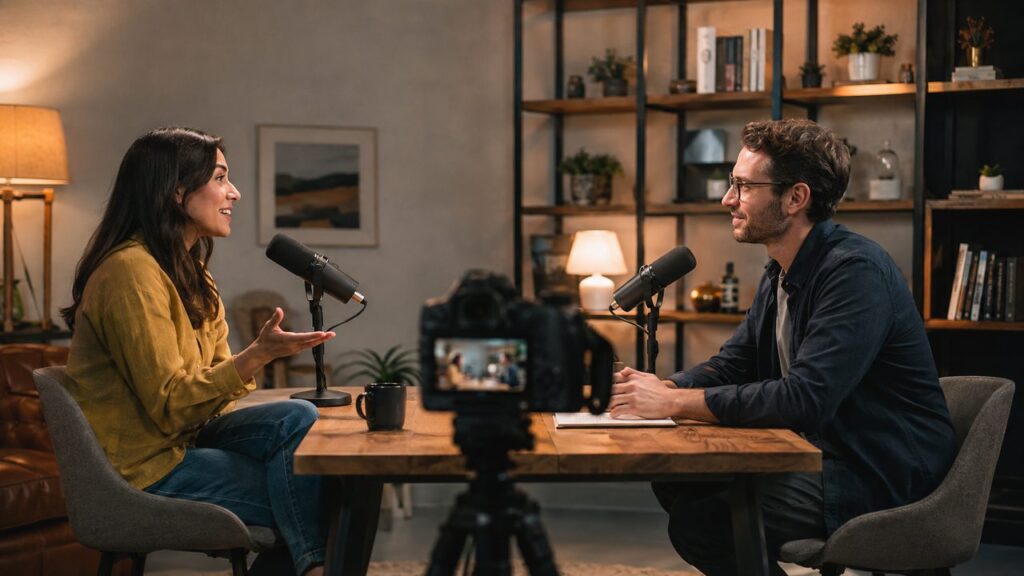 Two hosts recording an in-person video podcast interview