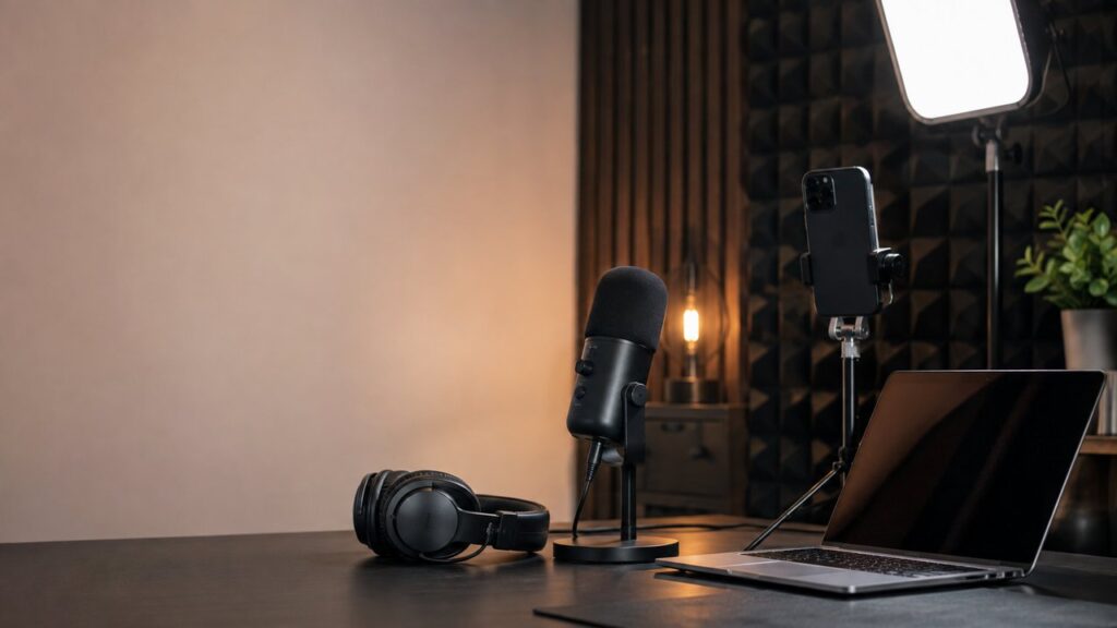 Smartphone, microphone, headphones, tripod, and light for video podcasting