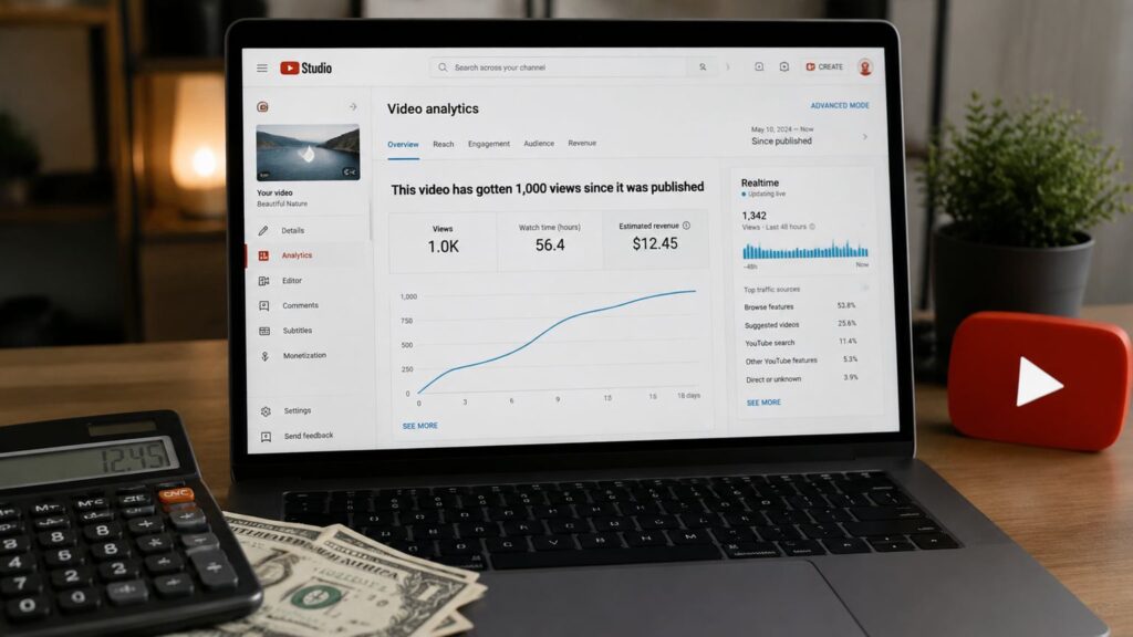 YouTube RPM earnings for 1,000 views shown in YouTube Studio analytics