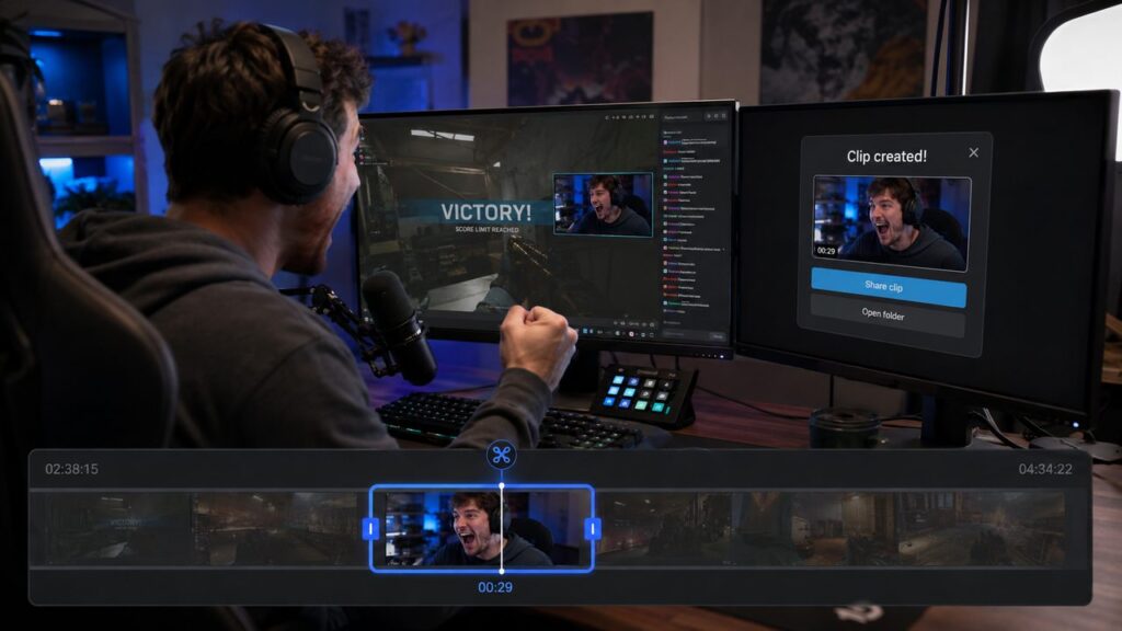 Livestream gamer creating and saving a highlight clip from a long video
