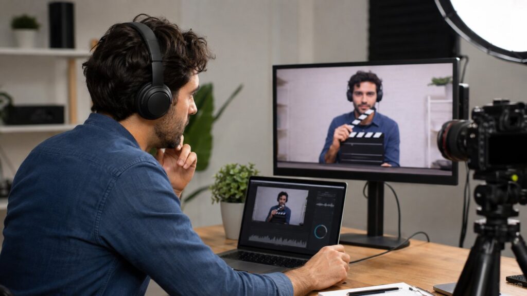 Creator checking camera framing and audio before recording a podcast