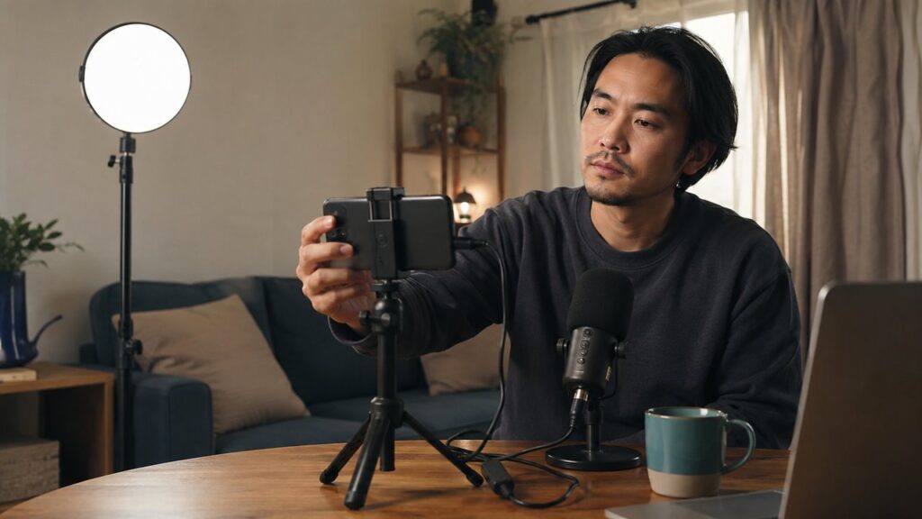Affordable smartphone video podcast setup in a home workspace