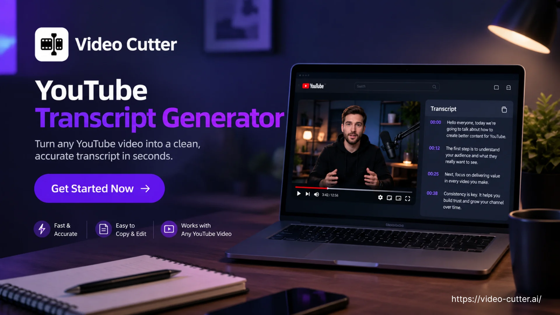 YouTube transcript generator shown beside a video on a laptop