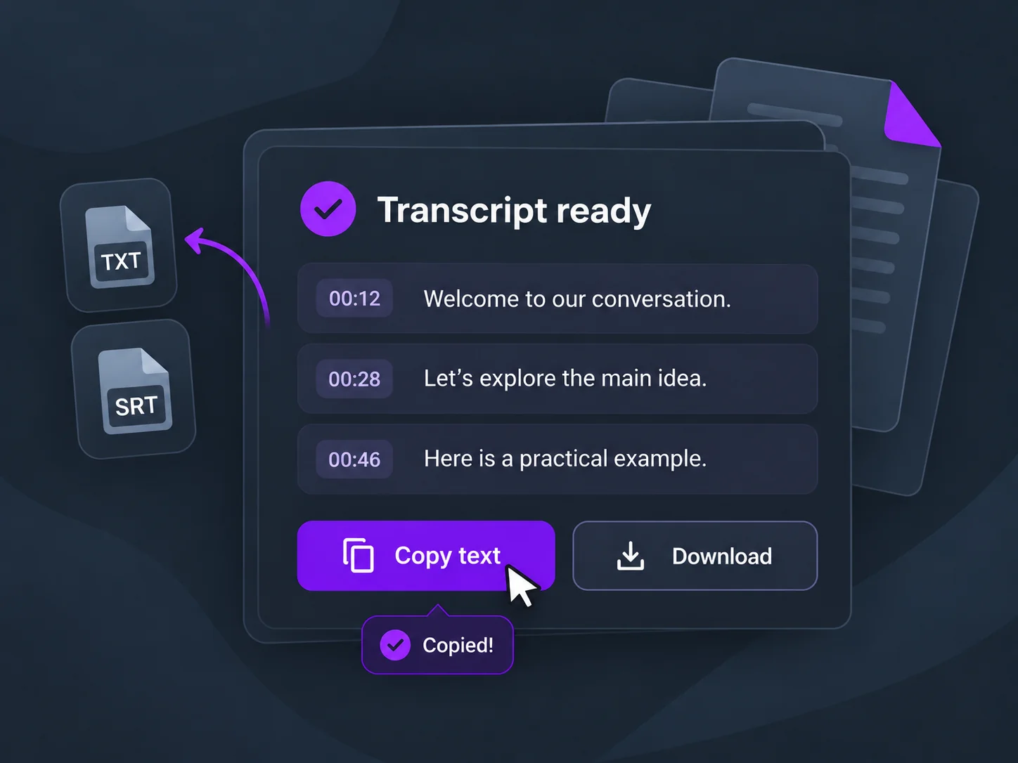Completed transcript with copy and download actions