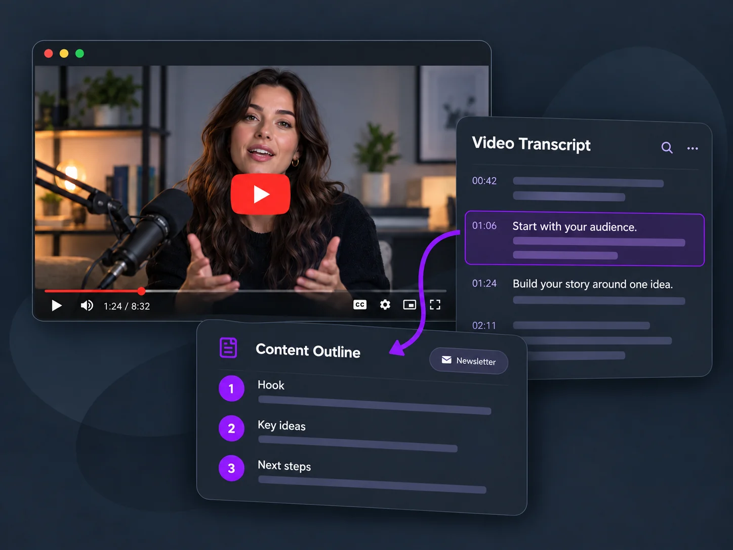 Creator reviewing a video transcript for a content outline
