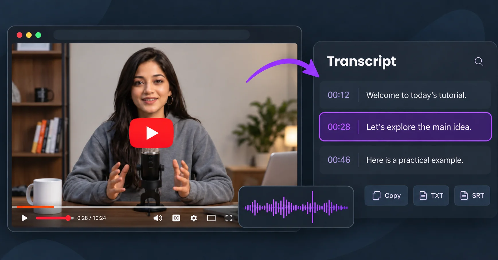Video player and searchable transcript side by side