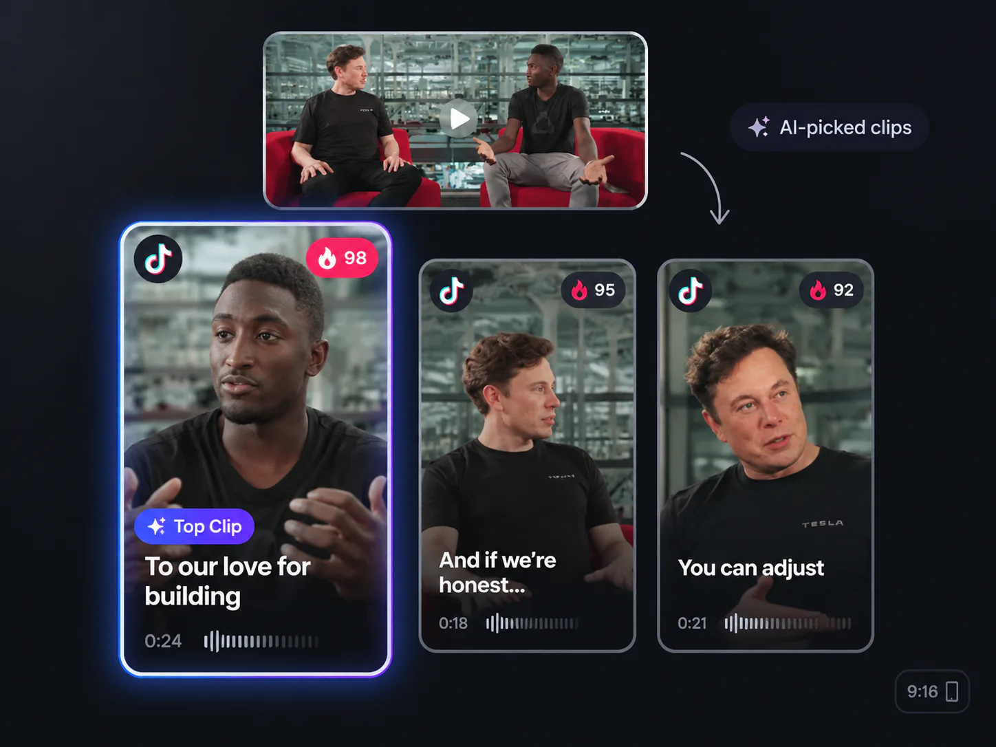 Momentos TikTok escolhidos por IA para revisar e publicar