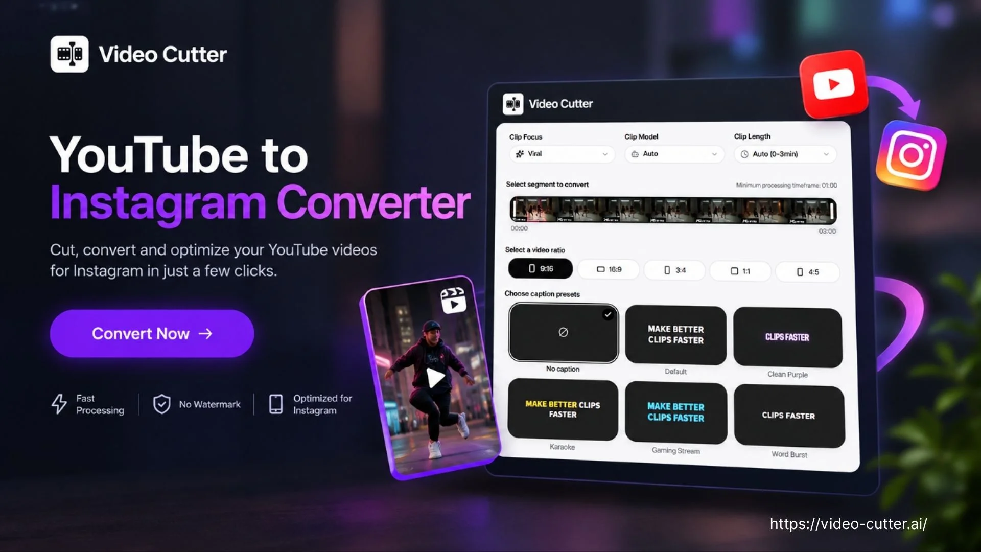 Interface du convertisseur YouTube vers Instagram avec des clips verticaux sous-titrés