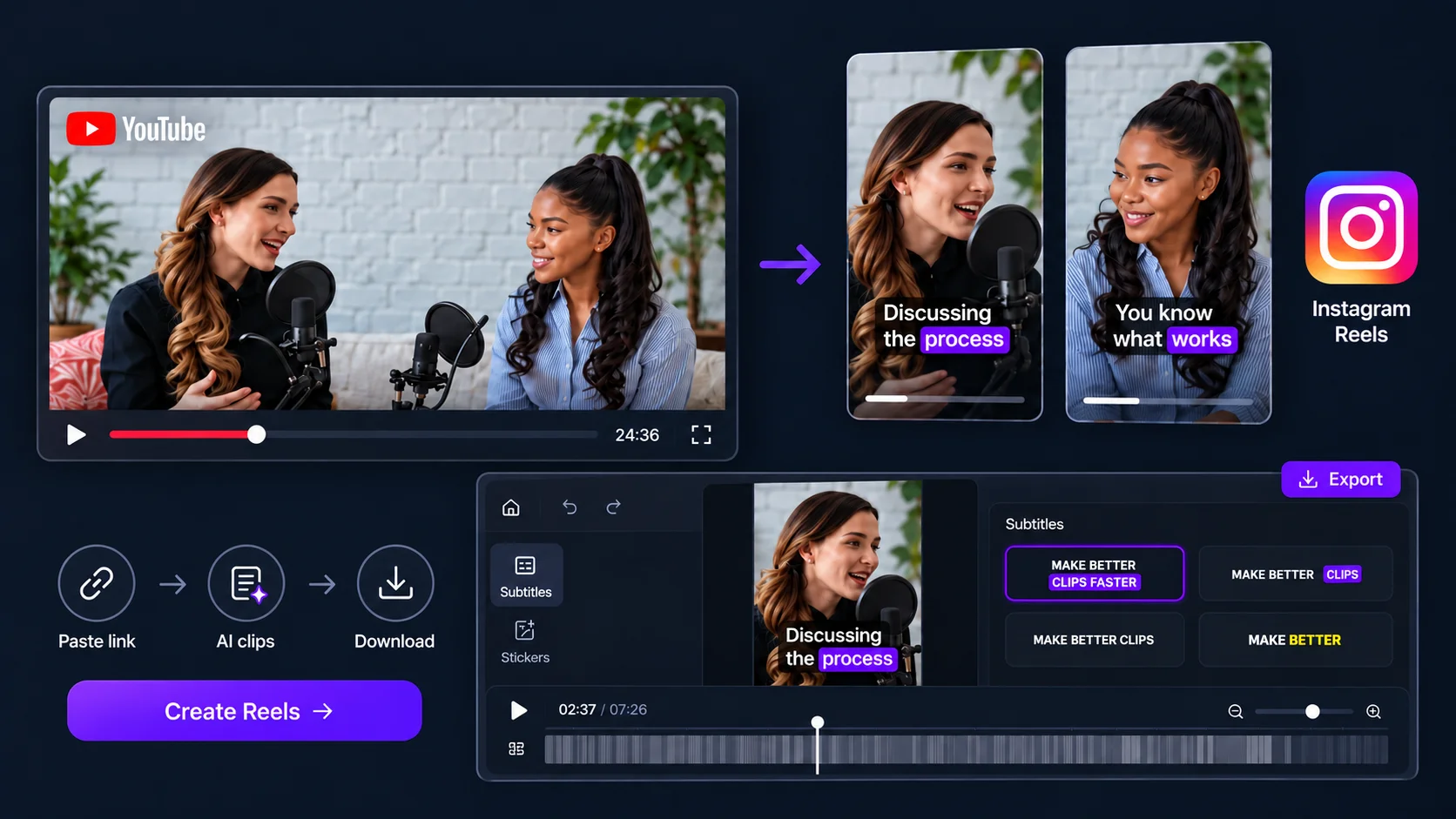 Entretien YouTube transformé en Reels Instagram sous-titrés
