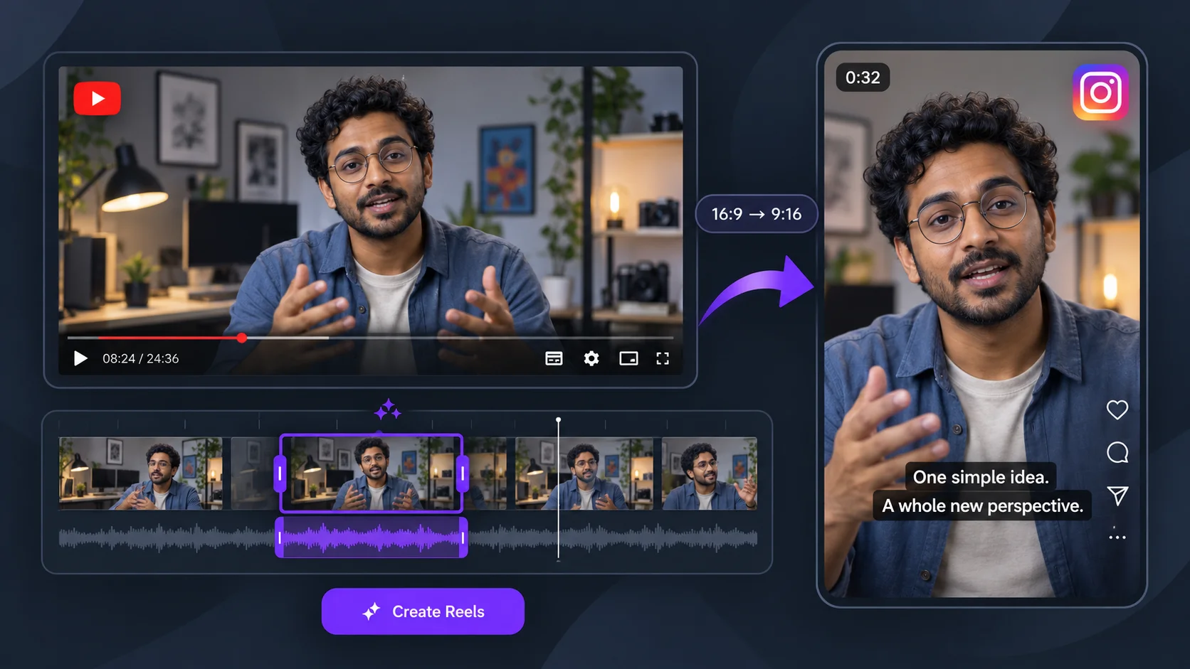Vidéo YouTube horizontale recadrée en Reel Instagram vertical